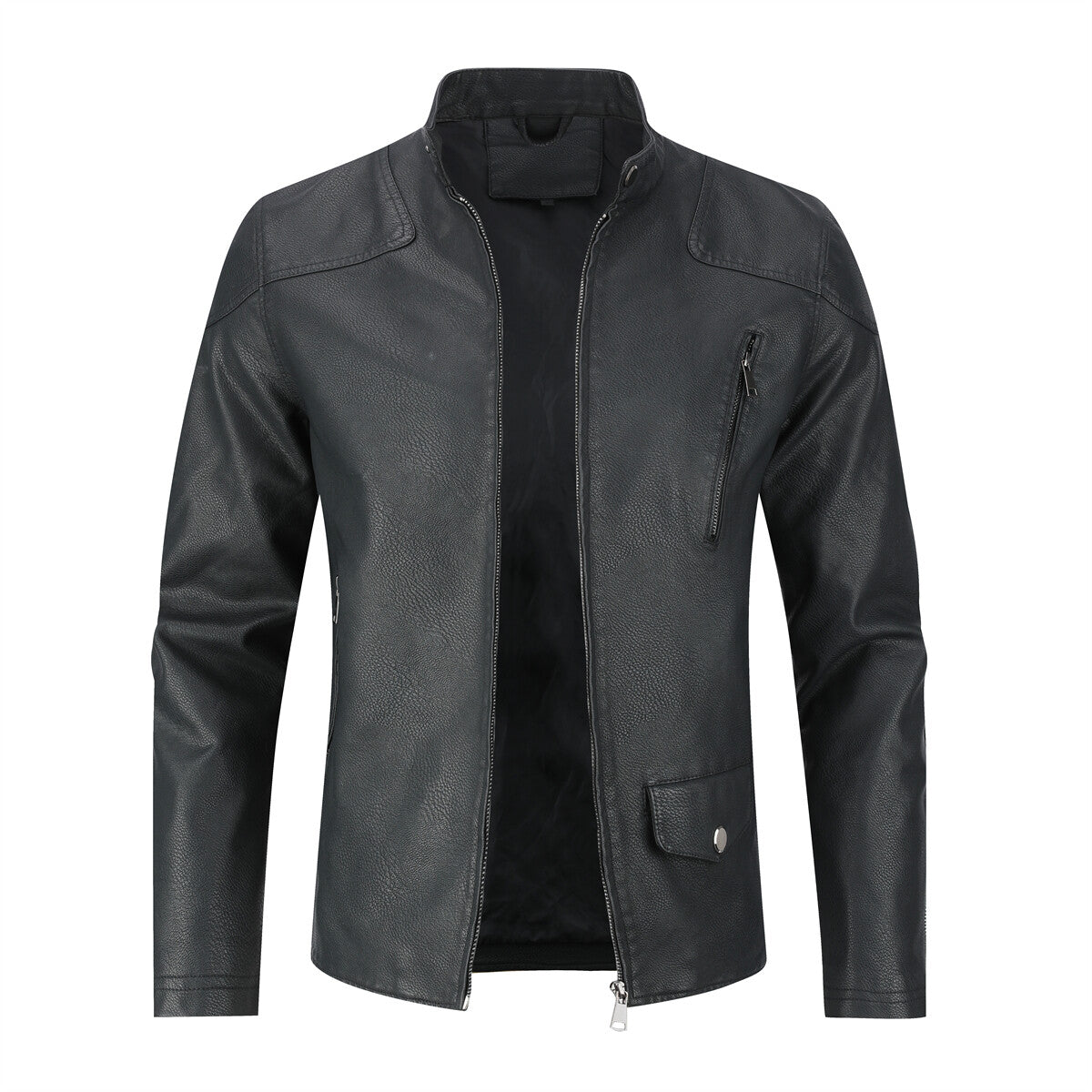 Youthup Mens One Side Pockets Trim Slim Fit Leather Jackets