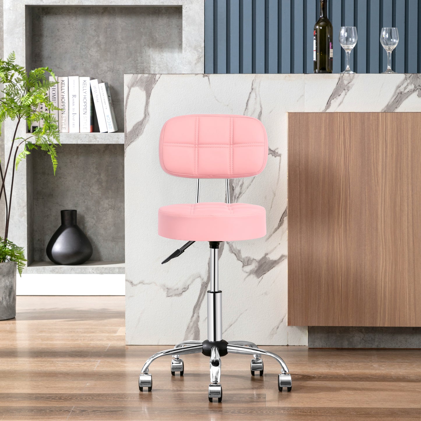 Tabouret de Bar Rond à roulettes Pivotant 360° de Massage  EN HAUTEUR REGLABLE pour SPA ,Salon ,Salle ,Médicale Rose