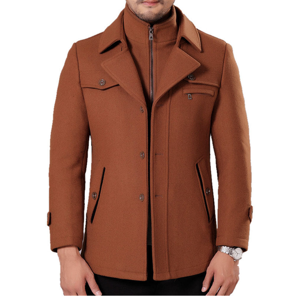 Youthup Mens Short Overcoat Fake Two-Piece Wool Jacket