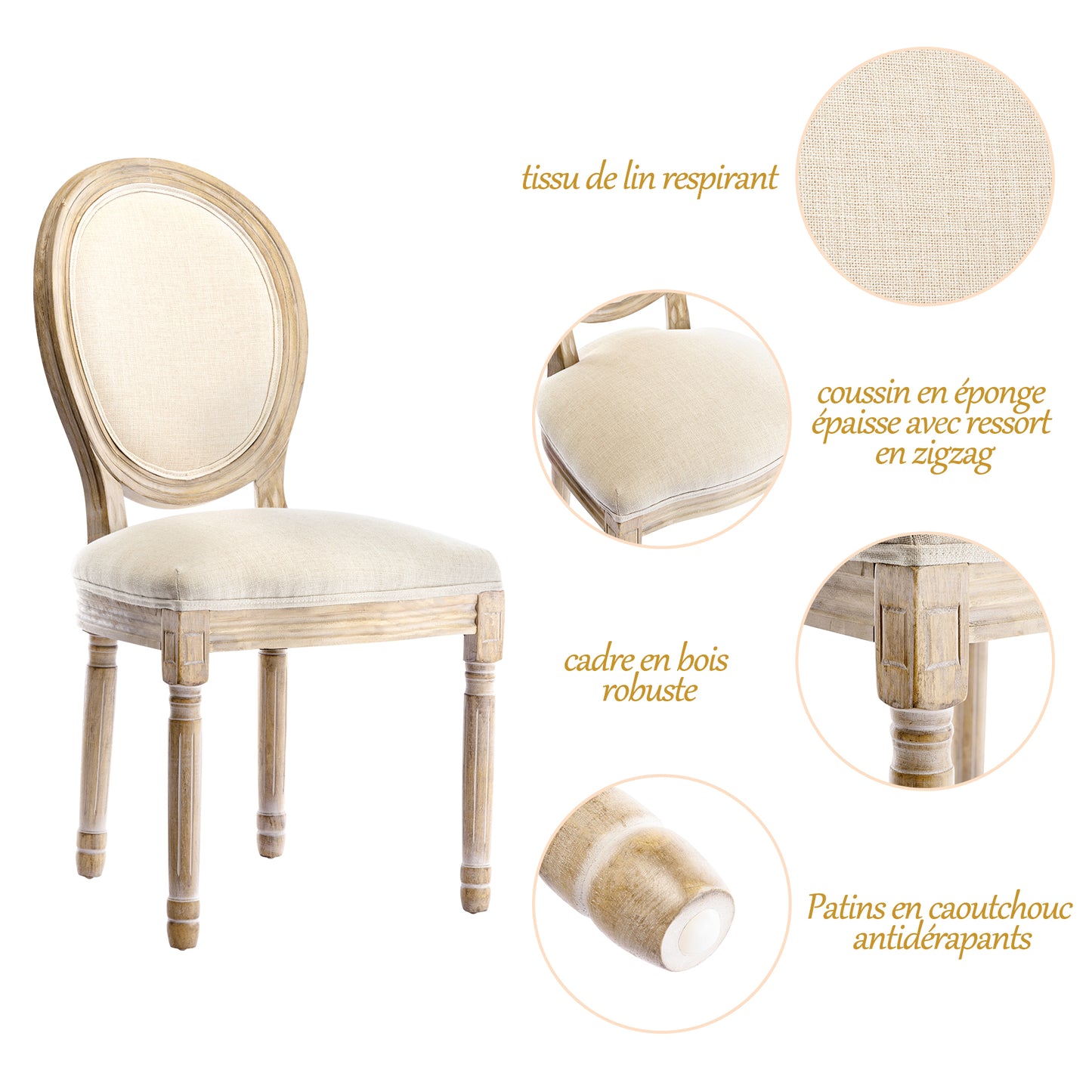 Chaise Médaillon Lot de 2, Chaise de Salle à Manger de Style Louis-XVI en Tissu Lin, Chaises de Dîner Dossier Doux , Beige
