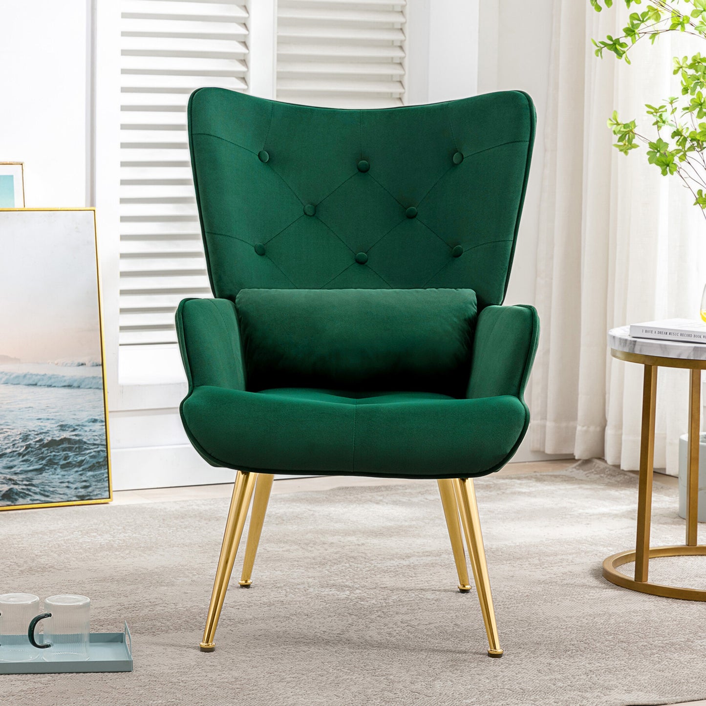 Poltrona de Relaxamento HomeMiYN Lounge Vintage(72x66x97cm - Veludo/Metal Dourado - Verde)