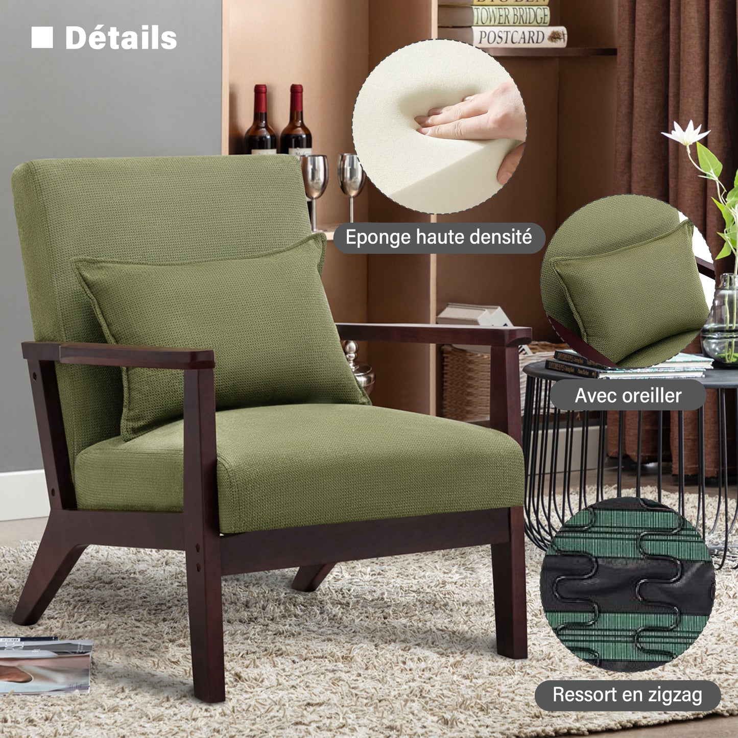 Fauteuil  tapisé style vintage Fauteuil en bois Massif de bureau de chambre à coucher, 68.5 x 81 x 80 cm en Tissu de Lin Vert