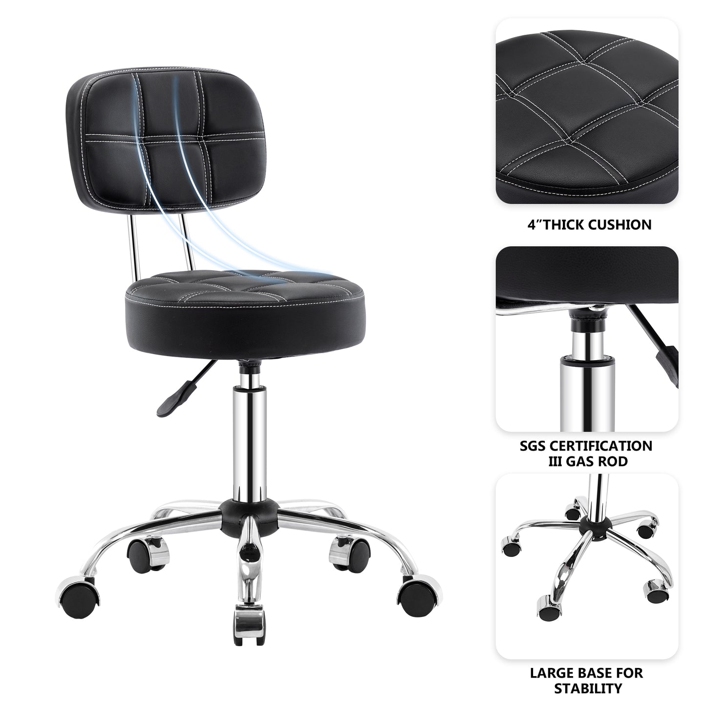 Tabouret de Bar Rond à roulettes Pivotant 360° de Massage  EN HAUTEUR REGLABLE pour SPA ,Salon ,Salle ,Médicale Noir