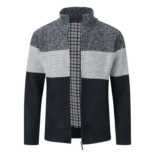 Youthup Mens Stand Collar Sweater Color Block Knit Cardigan